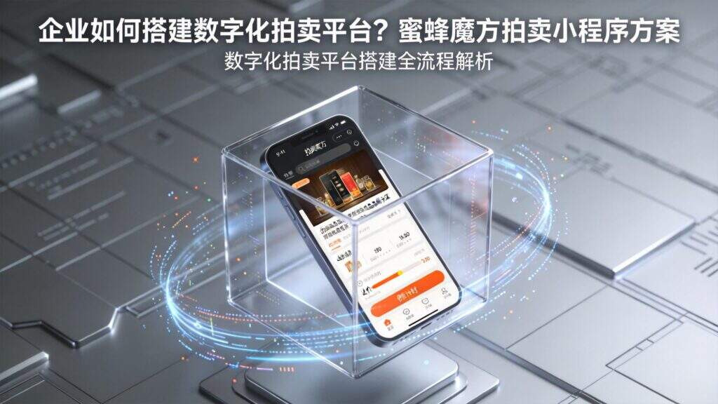 当前图片没有替代文字。文件名为:jimeng-2026-09-15-5595-图片标题为:企业如何搭建数字化拍卖平台?蜜蜂魔方拍卖小程序方案图片风格科技C4D.jpg