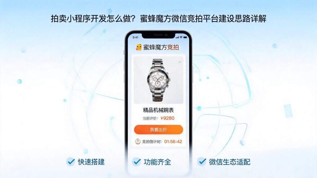 当前图片没有替代文字。文件名为:jimeng-2026-09-23-5896-标题为拍卖小程序开发怎么做?蜜蜂魔方微信竞拍平台建设思路详解-生成宣传图片.jpg