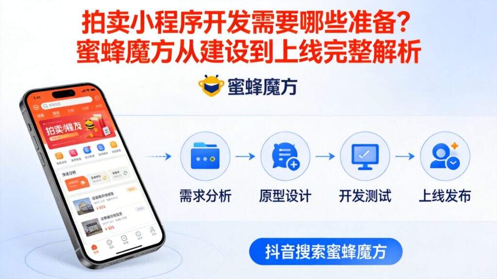 当前图片没有替代文字。文件名为:jimeng-2026-09-24-9963-标题为拍卖小程序开发需要哪些准备?蜜蜂魔方从建设到上线完整解析-生成抖音短视频宣.jpg