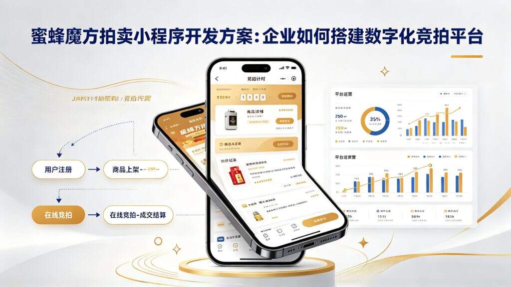 当前图片没有替代文字。文件名为:jimeng-2026-09-29-2335-标题为蜜蜂魔方拍卖小程序开发方案:企业如何搭建数字化竞拍平台-生成宣传图片.jpg