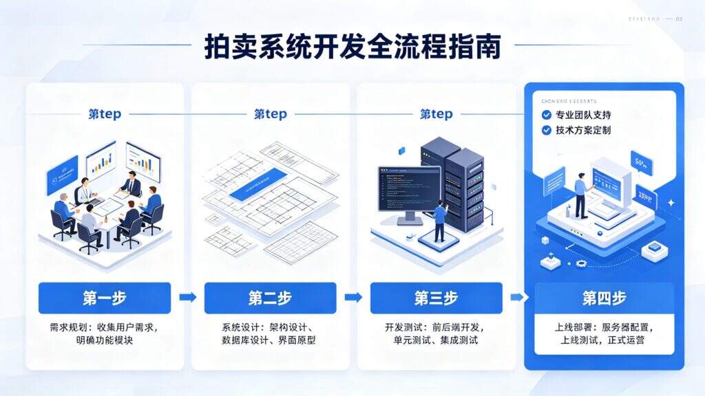 当前图片没有替代文字。文件名为:jimeng-2026-09-30-6506-拍卖系统怎么开发?竞拍系统从需求规划到上线有哪些步骤文字不能歪曲变形,用途为宣传.jpg