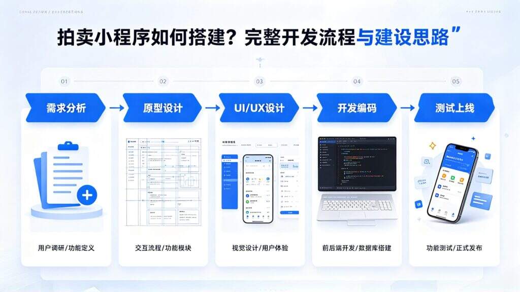 当前图片没有替代文字。文件名为:jimeng-2026-10-08-4052-标题为拍卖小程序如何搭建?完整开发流程与建设思路-生成宣传图片图片上文字要清晰.jpg
