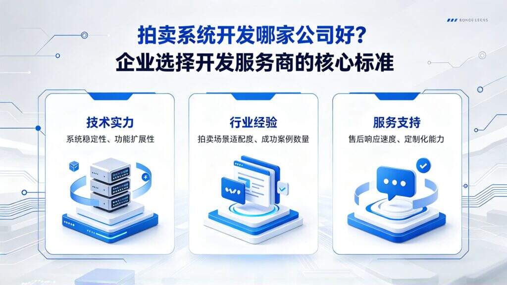 当前图片没有替代文字。文件名为:jimeng-2026-10-21-5387-标题拍卖系统开发哪家公司好?企业选择开发服务商的核心标准生成宣传图片文字不能变形.jpg